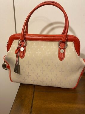 Cream Satchel with Red Trim - Elegant Everyday Handbag